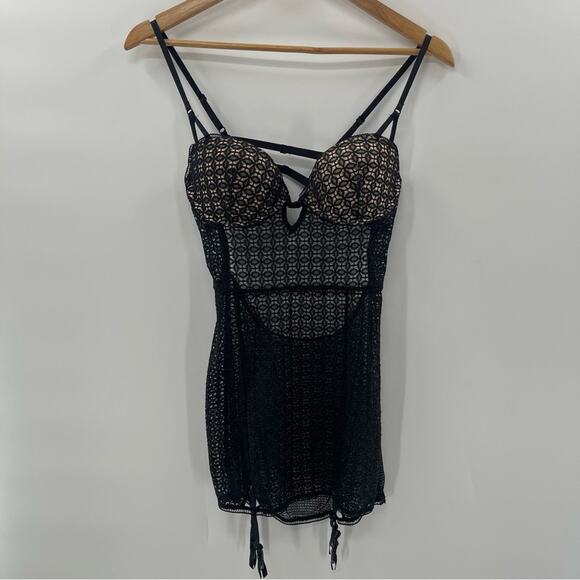 Victoria's Secret Other - Victoria’s Secret Lace Push Up Black Over Nude Gartered Lingerie Nighty Size 34C